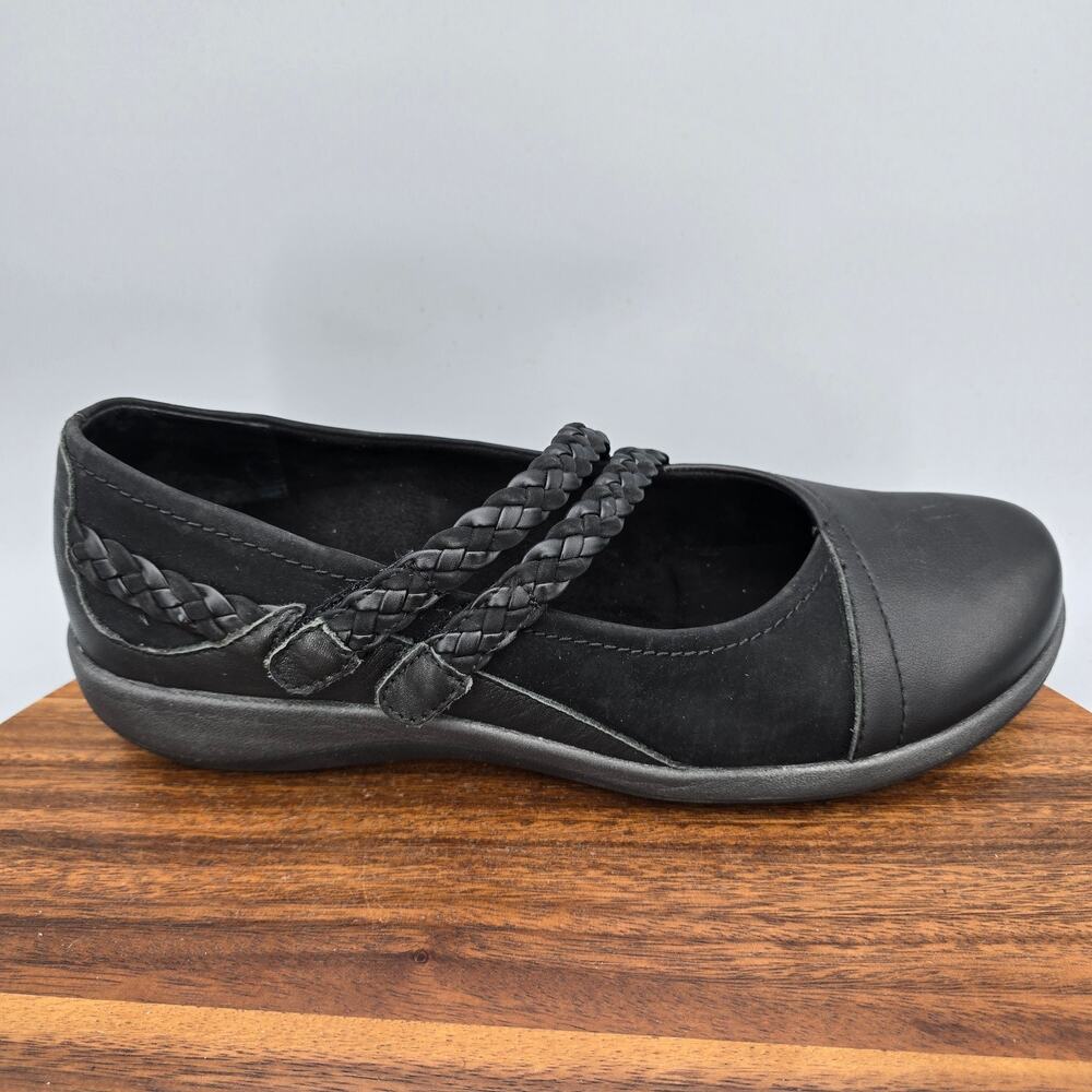 Aetrex Annie Shoes Womens 10.5 Black Leather Braided Mary Jane Adjustable Flats